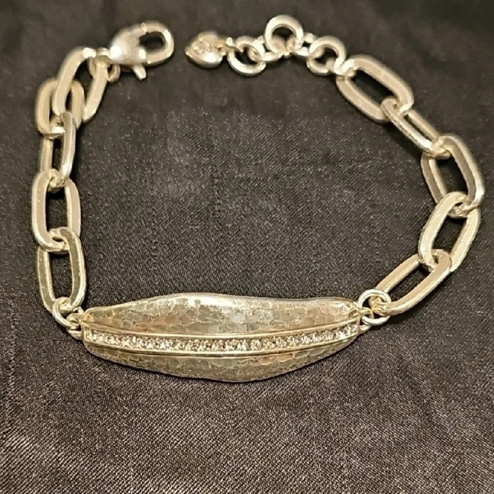 Brighton Silver-Tone Hammered Bar Bracelet with Crystal Row